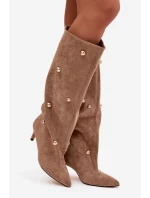 Dámské nazouvací kozačky na jehlovém podpatku Thaliane se zlatými ozdobami – béžové Dámské nazouvací kozačky na jehlovém podpatku Thaliane se zlatými ozdobami – béžové