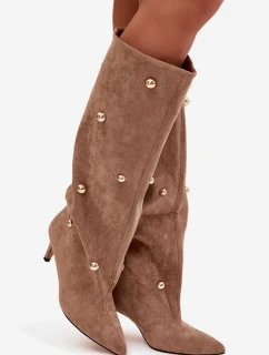 Dámské nazouvací kozačky na jehlovém podpatku Thaliane se zlatými ozdobami – béžové