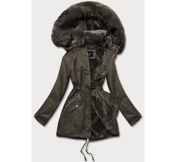Dámská zimní bunda v khaki barvě s kožešinovou podšívkou (B550-11)