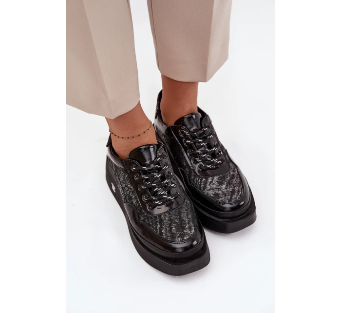 Dámské kožené šněrovací polobotky na platformě Artiker – černo/stříbrné