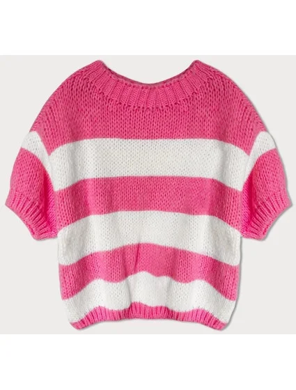 Volný dámský pruhovaný svetr v neonově růžové barvě (761ART) Volný dámský pruhovaný svetr v neonově růžové barvě (761ART)
