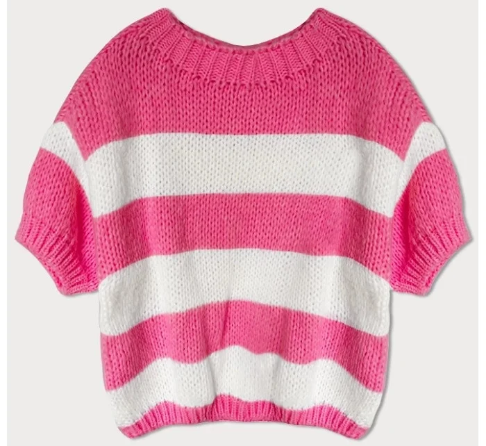 Volný dámský pruhovaný svetr v neonově růžové barvě (761ART) Volný dámský pruhovaný svetr v neonově růžové barvě (761ART)