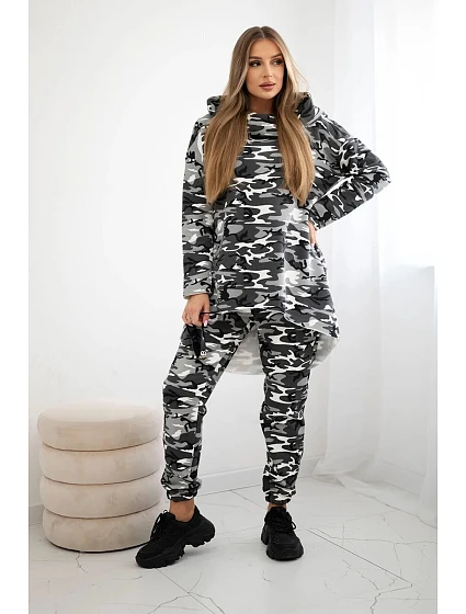 Dámská souprava s kapucí a model 21154143 potiskem šedá + černá - K-Fashion