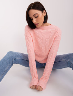 Světle růžový kabelový pletený svetr s kulatým výstřihem