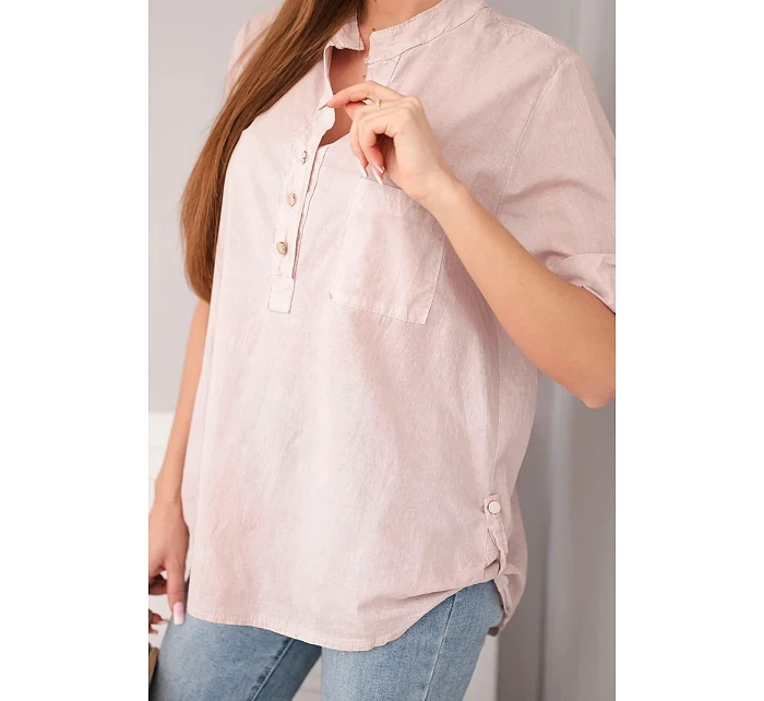 Dámská košilová bavlněná halenka s krátkým rukávem a kapsou tmavě pudrově růžová Dámská košilová bavlněná halenka s krátkým rukávem a kapsou tmavě pudrově růžová