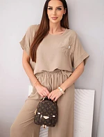 Dámský komplet z viskózy s ozdobným květem a širokými kalhotami fango