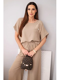 Dámský komplet z viskózy s ozdobným květem a širokými kalhotami fango