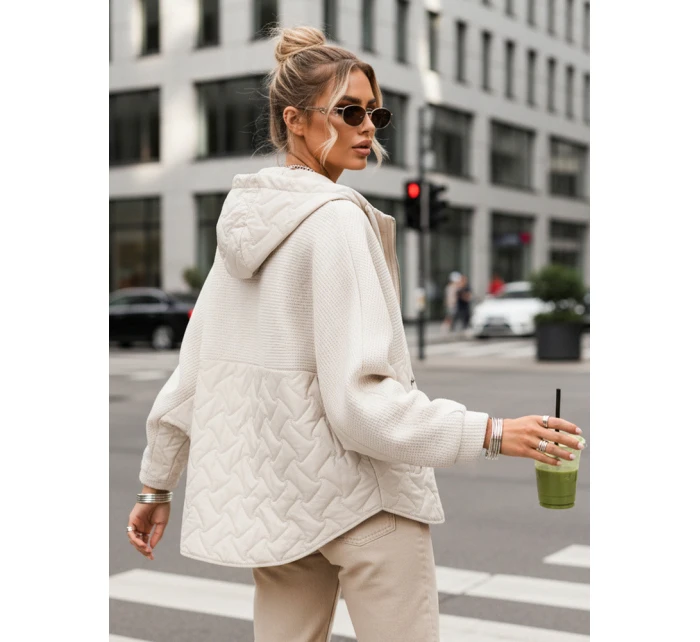 Dámská přechodná bunda oversize s kapucí ecru FashionStreet TY5592 Dámská přechodná bunda oversize s kapucí ecru FashionStreet TY5592