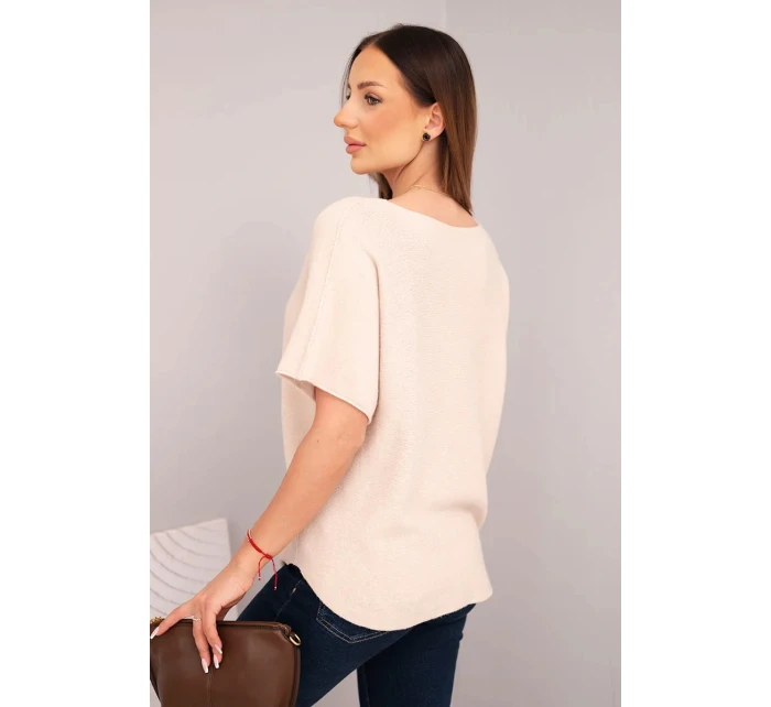 Dámská svetr s krátkým rukávem a výstřihem do V béžová