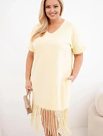 Dámské bavlněné šaty s výstřihem do V a třásněmi Plus Size žlutá