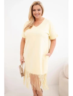 Dámské bavlněné šaty s výstřihem do V a třásněmi Plus Size žlutá