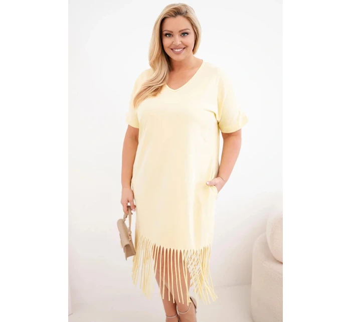 Dámské bavlněné šaty s výstřihem do V a třásněmi Plus Size žlutá