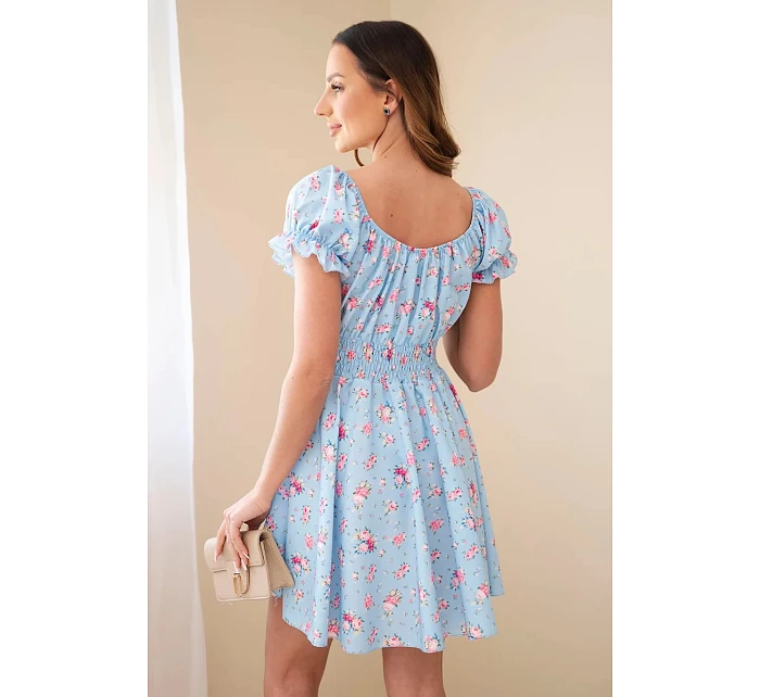 Dámské květinové šaty s nabíraným rukávem a elastickým pasem modrá Dámské květinové šaty s nabíraným rukávem a elastickým pasem modrá