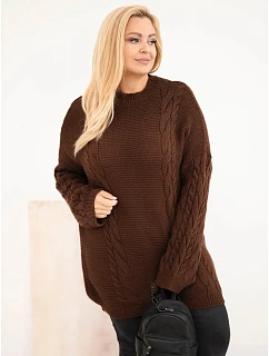 Dámský svetr Plus Size se copánkovým vzorem hnědý