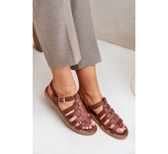 Kožené sandály na plochém podpatku hnědé Zazoo model 21682324 - Boto Kožené sandály na plochém podpatku hnědé Zazoo model 21682324 - Boto