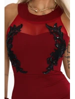 Dlouhé šaty ve tvaru mořské s černou krajkou a síťovinou vínové model 21290305 - kocula