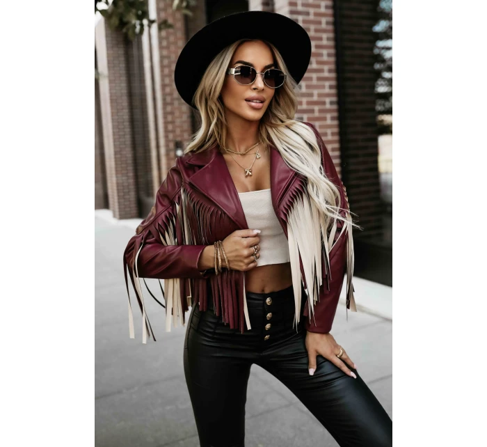 model 21337606 Krátká bunda s třásněmi z měkké ekokůže vínová - numoco basic model 21337606 Krátká bunda s třásněmi z měkké ekokůže vínová - numoco basic