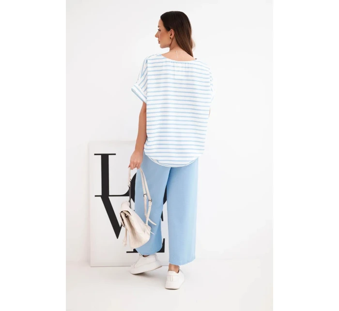 Dámská souprava viskózová s pruhovanou blůzou a širokými kalhotami s gumou modrý
