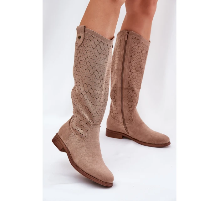 Kozačky Na Plochém Podpatku S Vzorem Béžové model 21685061 - S.Barski