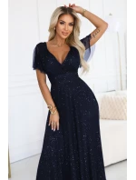 dlouhé lesklé šaty s výstřihem a krátkými rukávy tmavě modré model 21777396 - numoco basic dlouhé lesklé šaty s výstřihem a krátkými rukávy tmavě modré model 21777396 - numoco basic