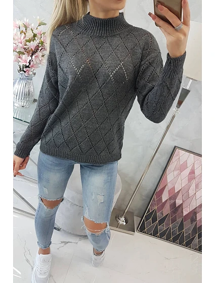 Svetr s polovičním rolákem a model 18745514 vzorem grafitový - K-Fashion Svetr s polovičním rolákem a model 18745514 vzorem grafitový - K-Fashion