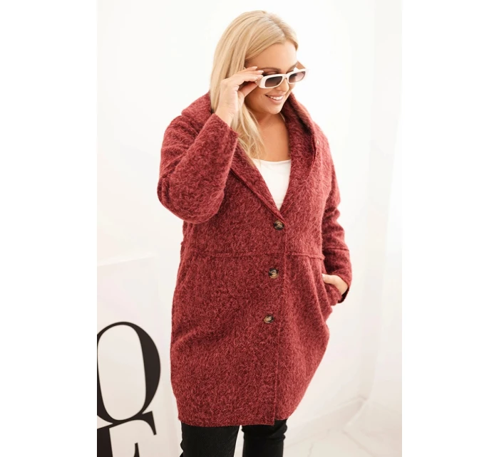 Dámský kabát Plus Size s kapucí a kapsami bordový Dámský kabát Plus Size s kapucí a kapsami bordový