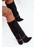 Dámské kozačky na podpatku s ozdobným páskem černé model 21708851 - Boto