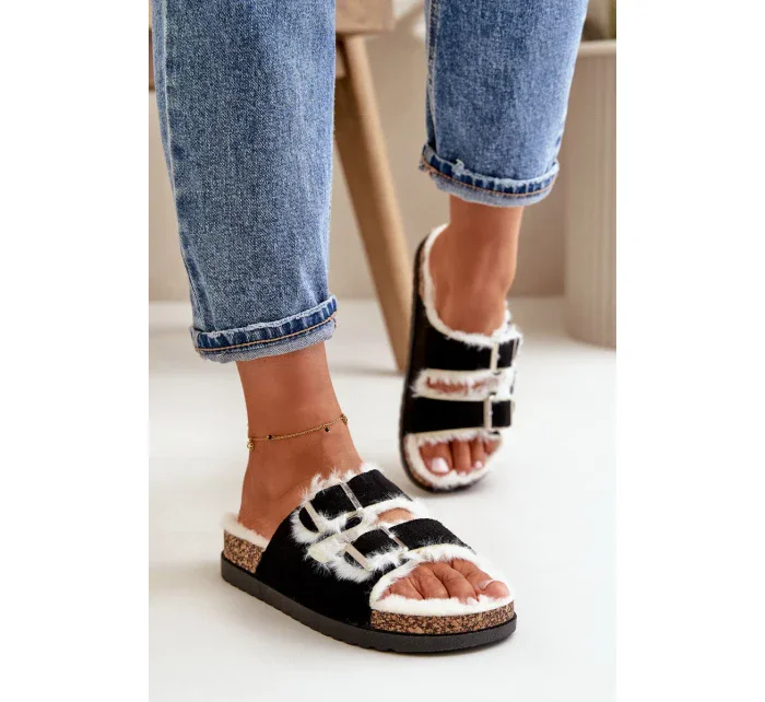 Dámské Pantofle S Přezkami A Kožešinou Černé Ezilena