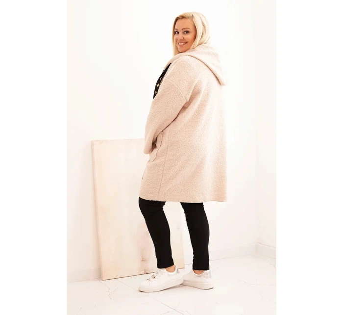 Dámský kabát Plus Size z umělého beránka s kapucí a kapsami béžový