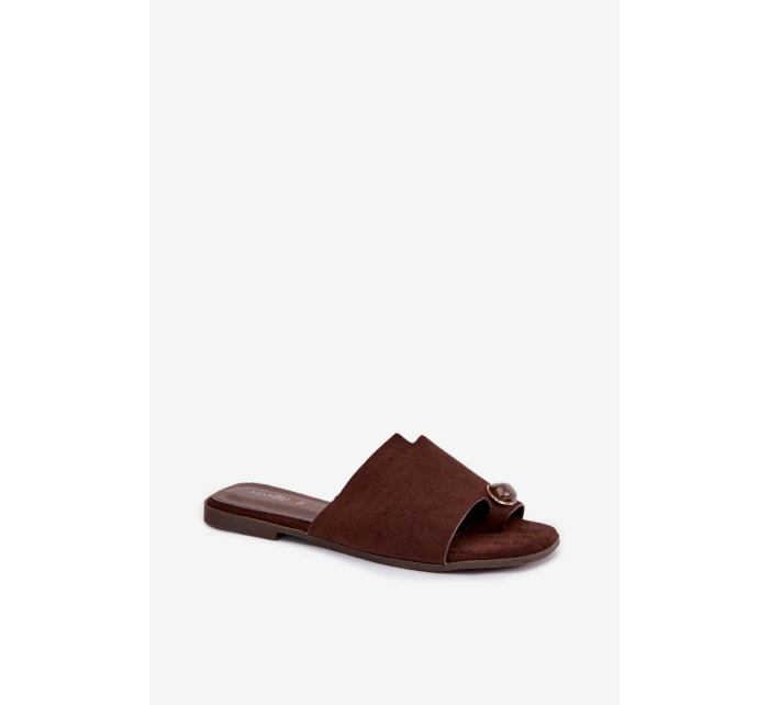 Dámské ploché pantofle s ozdobným detailem z eko semiše Čokoládové Selavine