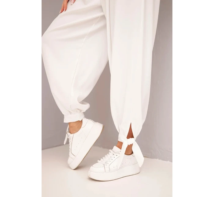 Dámské kalhoty s širokým nohavicí a vázáním dole bílé