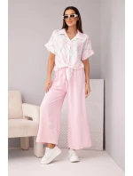 Dámský komplet z viskózy, košile s vázáním a kalhoty s gumou, pudrově růžová