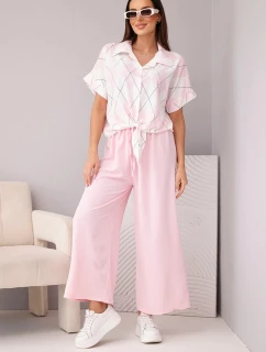 Dámský komplet z viskózy, košile s vázáním a kalhoty s gumou, pudrově růžová