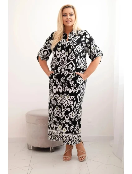 Dámská plus size viskózová souprava s geometrickým potiskem černý Dámská plus size viskózová souprava s geometrickým potiskem černý