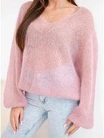 Dámský svetr ze 70 % kid mohéru s výstřihem do V v model 22391354 střihu pudrová růžová - K-Fashion Dámský svetr ze 70 % kid mohéru s výstřihem do V v model 22391354 střihu pudrová růžová - K-Fashion