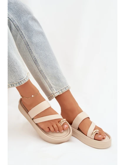 Dámské textilní pantofle s pásky a zlatým detailem světle béžové Farielle