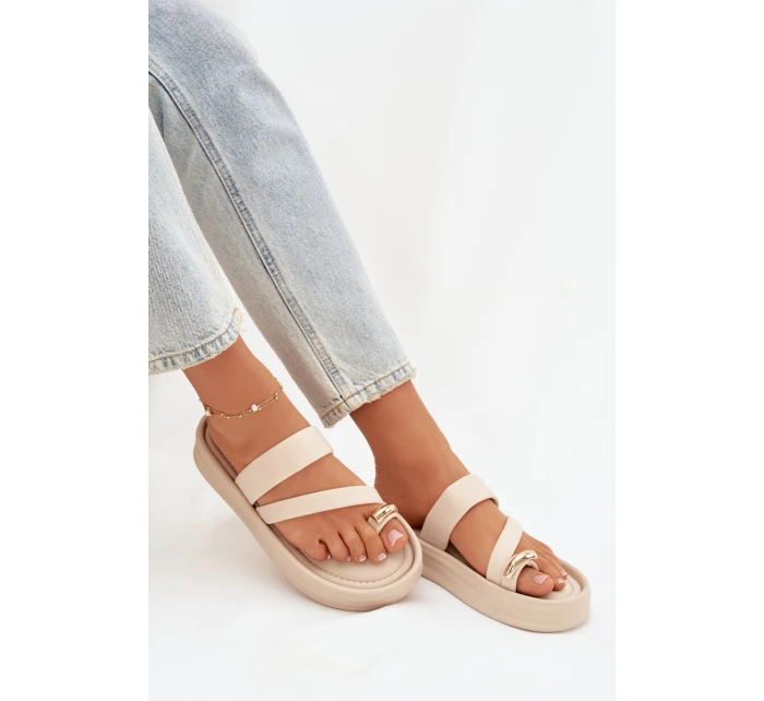 Dámské textilní pantofle s pásky a zlatým detailem světle béžové Farielle