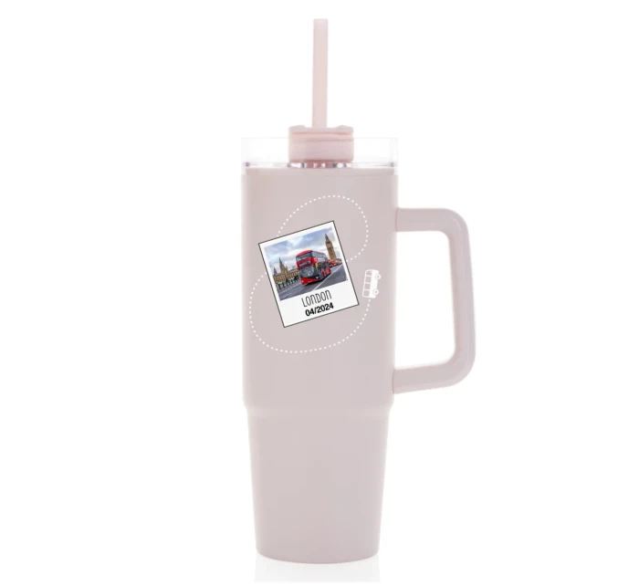 Vlastní text na cestovatelskou termosku s průhledným víčkem