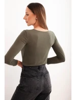 Dámská blůza z kašmíru s kulatým výstřihem a dlouhým rukávem khaki Dámská blůza z kašmíru s kulatým výstřihem a dlouhým rukávem khaki