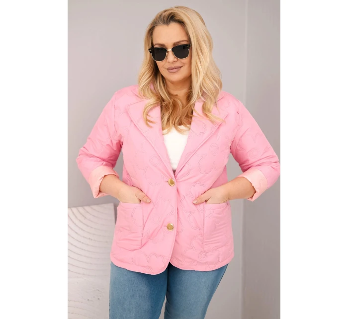 Dámská bunda Plus Size prošívaná květinami s límcem a kapsami jasně růžová