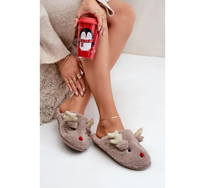 Vánoční bačkory s motivem soba Futrzane tmavě béžové Asielle Vánoční bačkory s motivem soba Futrzane tmavě béžové Asielle