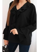 Dámská blůza z viskózy s volány a dlouhým rukávem černá Dámská blůza z viskózy s volány a dlouhým rukávem černá