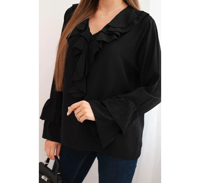 Dámská blůza z viskózy s volány a dlouhým rukávem černá Dámská blůza z viskózy s volány a dlouhým rukávem černá