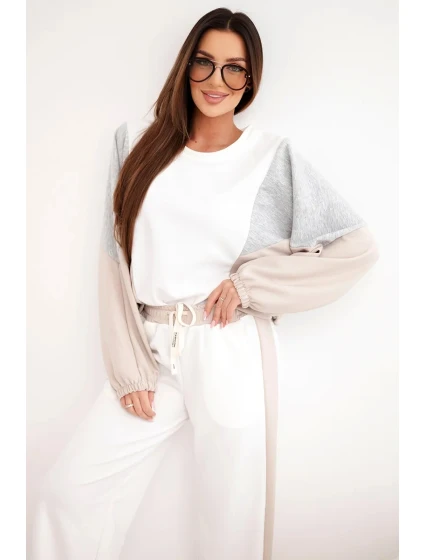 Dámský komplet model 21938018 s volnou mikinou a kalhotami s širokým nohavicí béžový - K-Fashion