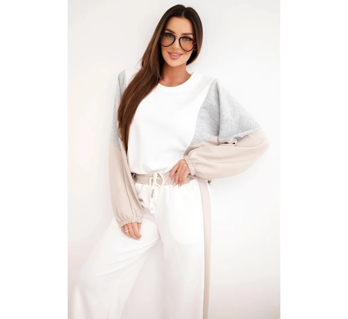 Dámský komplet model 21938018 s volnou mikinou a kalhotami s širokým nohavicí béžový - K-Fashion