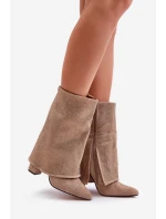 Ozdobené Lesklé Botky S Svrškem Na Podpatku Zateplené Béžové model 21679224 - Boto