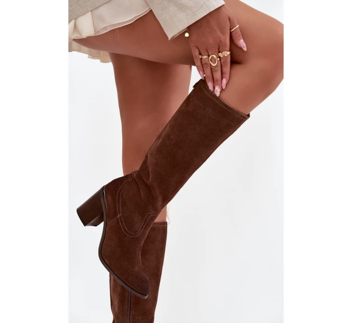 Dámské kozačky z přírodního semiše s vyhřátým podpatkem sloup Sergio Leone KZ25668-S hnědé Dámské kozačky z přírodního semiše s vyhřátým podpatkem sloup Sergio Leone KZ25668-S hnědé