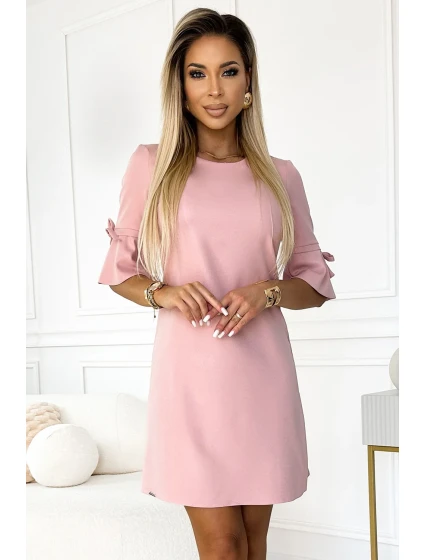 217-9 NEVA Trapézové šaty s rozšířenými rukávy - pudrově růžové se třpytkami