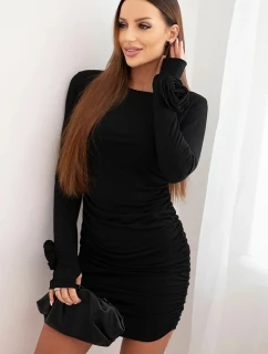 Dámská šaty s viskózou model 21461130 s nařasením a květinami na rukávech černá - K-Fashion