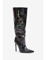 Laky boty zateplené na jehlovém podpatku s přezkou černé Tameliae